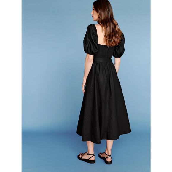 Reformation Tien Linen Midi Dress Size 2 Black Puff Sleeve Belted Cottagecore - Picture 13 of 13